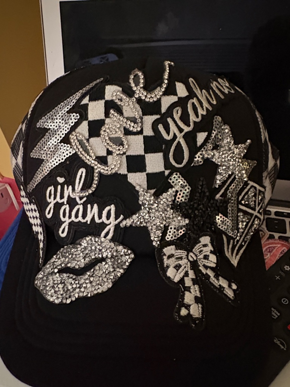 Hand Crafted Black & White Sequin Patch Baseball Cap